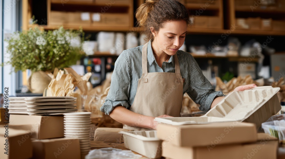 Fototapeta premium Female small business owner using eco friendly packaging