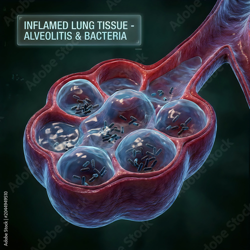 Microscopic view of inflamed lung tissue showing alveolitis and bacteria within alveolar sacs.