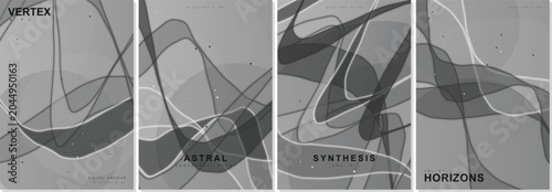 Photos Abstract black and white fluid wave vector poster template bundle set featuring minimalist grey liquid line gradients, conceptual synthesis vertex astral horizons art backgrounds