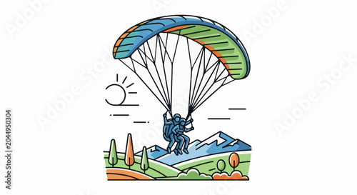Duo paragliding over scenic mountains and rolling hills under sun