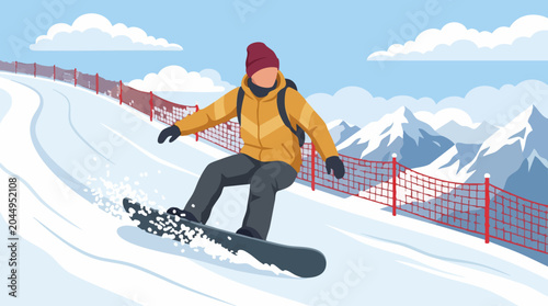 Картината върху платно Flat illustration of a person snowboarding down a snowy mountain slope
