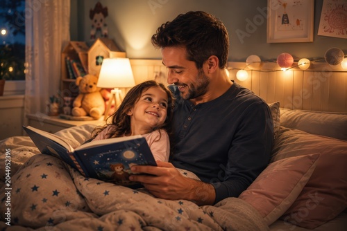 Father reading bedtime story to daughter in cozy bedroom evening routine parenting family bonding childhood book night light