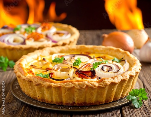 Golden Savory Onion Tart Resting on Rustic Wooden Table with Flames Background