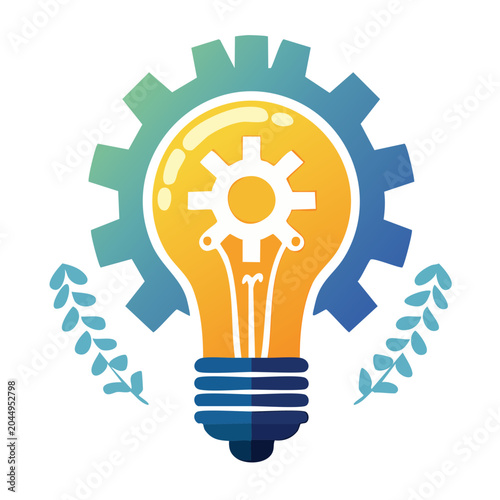 Light bulb with gear and leaves, symbol of innovation