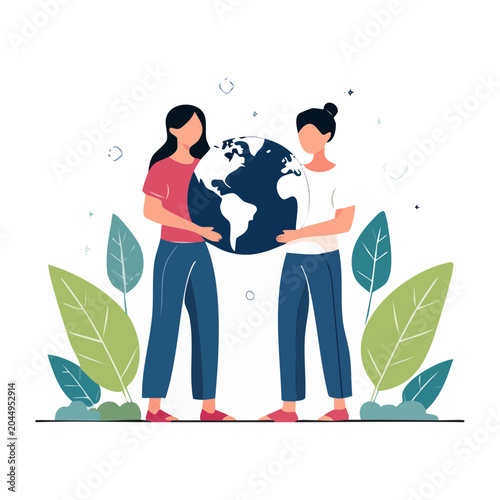 Two people holding the planet Earth together
