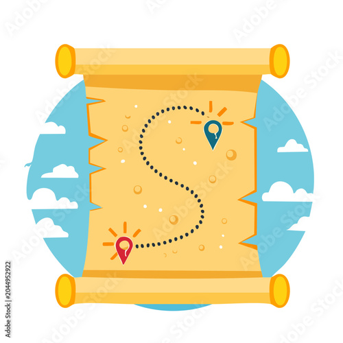 Treasure map with route and pins on a sky background