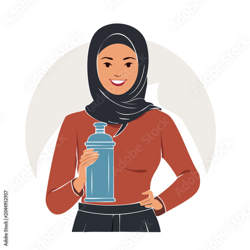 Woman in hijab holding a blue water bottle