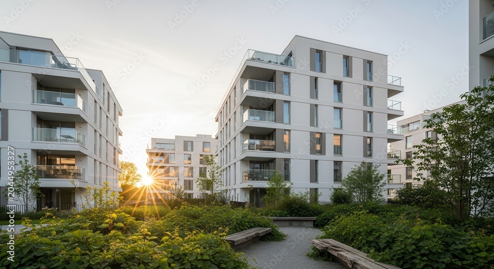 Fototapeta premium Modern White Apartment Buildings in a Landscaped Residential Complex at Sunset with Sunburst