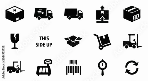Collection of shipping and handling icons including boxes, trucks, and forklift