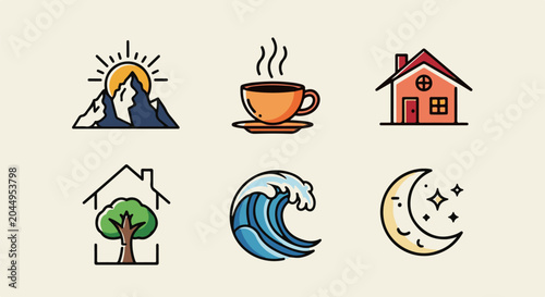 Collection of simple illustrated icons representing nature, home, and beverages