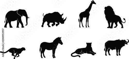 Photography African Wildlife Silhouette Collection Featuring Elephant Rhinoceros Giraffe Lio
