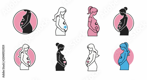 Collection of stylized icons depicting pregnant women in profile, various colors