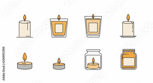 Collection of stylized lit candles in various containers and shapes