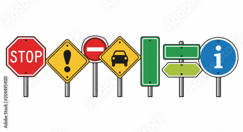 Collection of various traffic and information signs on poles