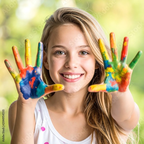 A young girl shows her colorful painted hands with a smile