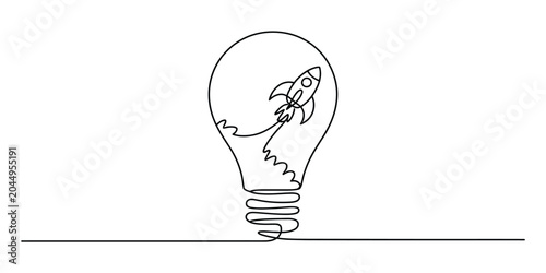 Continuous single line drawing of a light bulb with a flying rocket inside representing innovation and startup business growth
