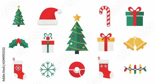 Festive holiday icons featuring trees, gifts, candy canes, and stockings