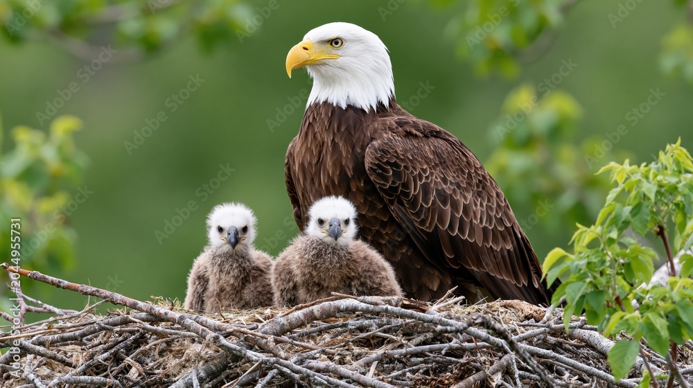 Fototapeta premium Majestic bald eagle mother guarding her fluffy chicks in a cozy nest