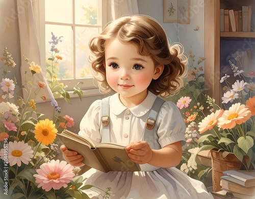 A young girl with curly hair reads a book in a garden