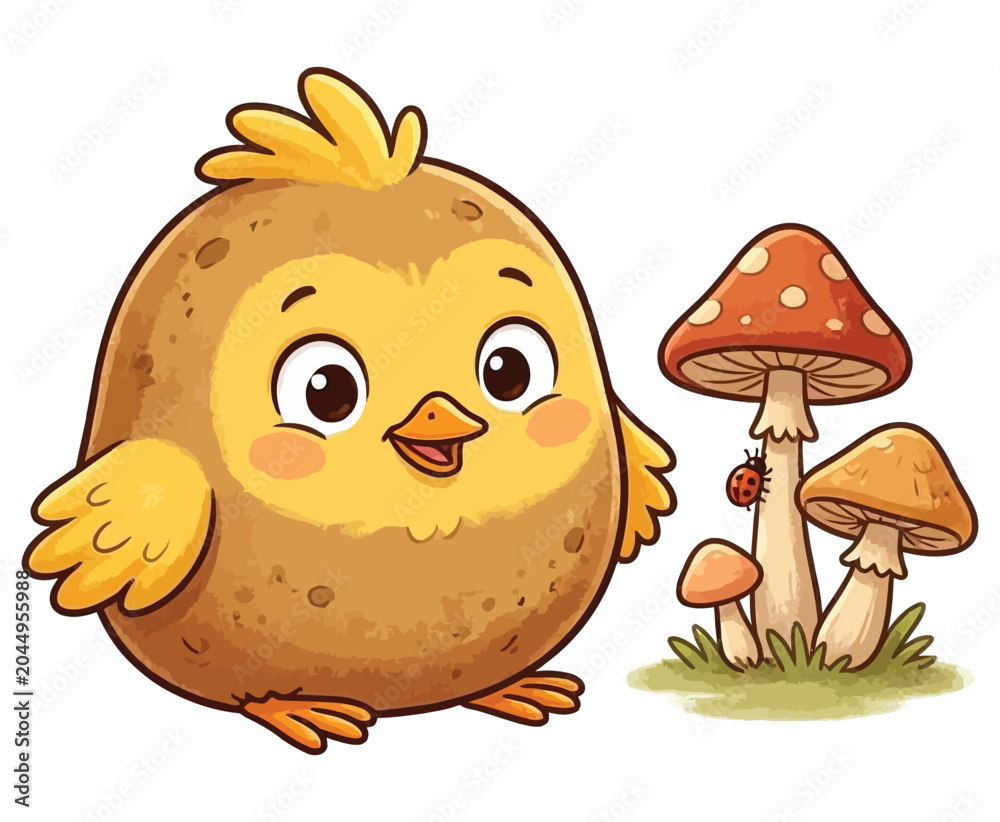 Fototapeta premium Funny baby chick standing next to mushrooms and a ladybug isolated on a white background.
