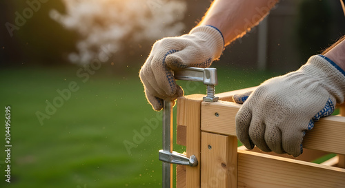 Carpenter gloved hands adjusting heavy duty metal F-clamp tool on corner of handmade wooden raised garden bed framework. Sharp focus industrial photography with golden hour backlight.