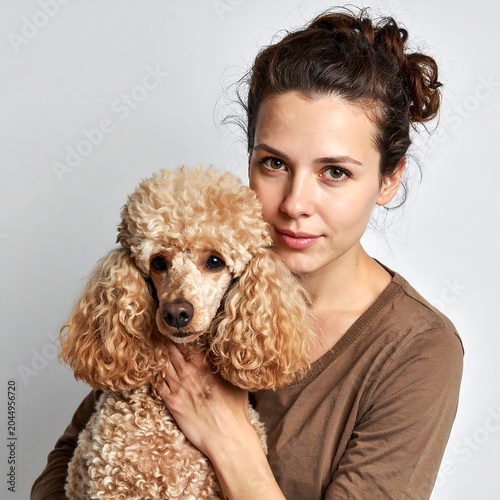 A young woman with brown hair and a brown shirt embracing a curly-haired dog