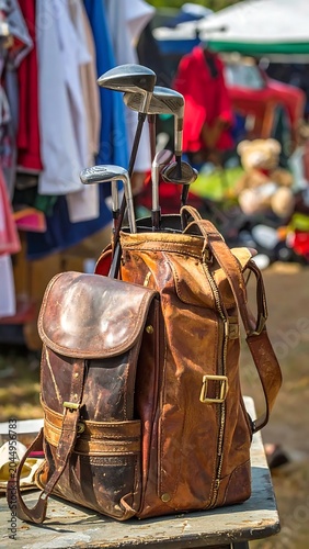 Vintage Leather Golf Bag Standing on Table at Outdoor Flea Market