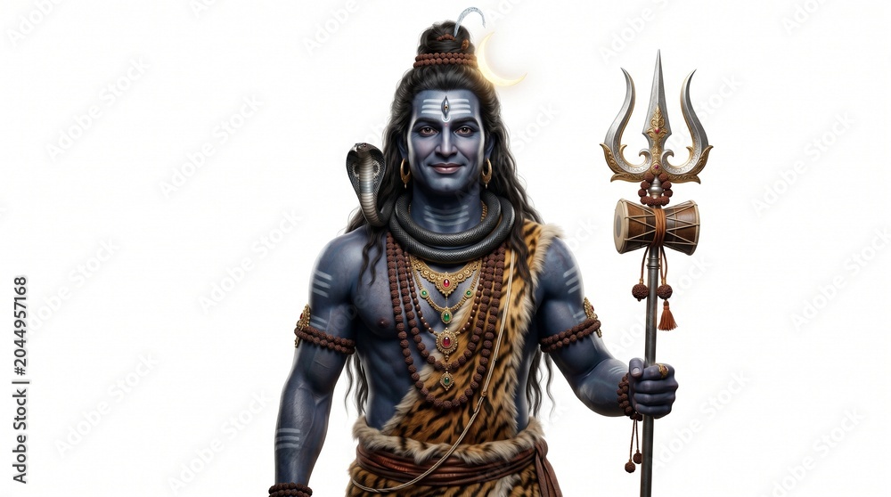 Obraz premium Majestic Hindu God Shiva Portrait with Sacred Symbols and Divine Aura Isolated on White Background