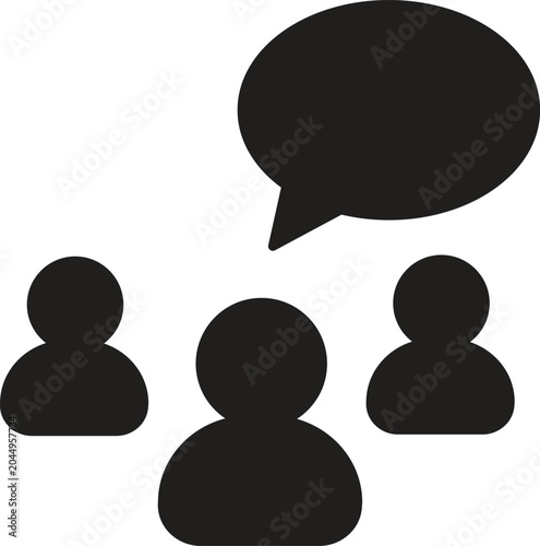 Art & Illustration, Simple vector icon showing black solid silhouettes of three users or people avatars with a single blank chat speech bubble above them for team communication