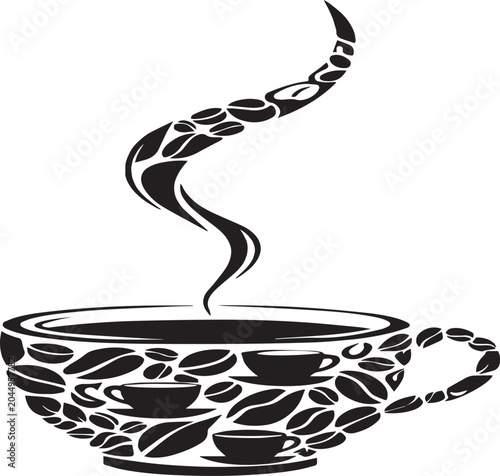 Coffee cup silhouette formed by scattered roasted beans is isolated on a white background for cafe branding and menu design.