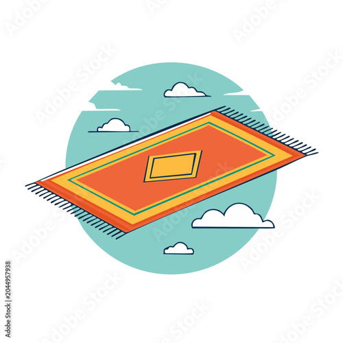 Flat design illustration of a flying carpet with clouds