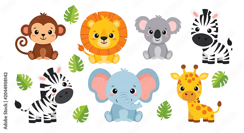 Fototapeta premium Cute cartoon baby safari animals including lion elephant zebra giraffe koala monkey
