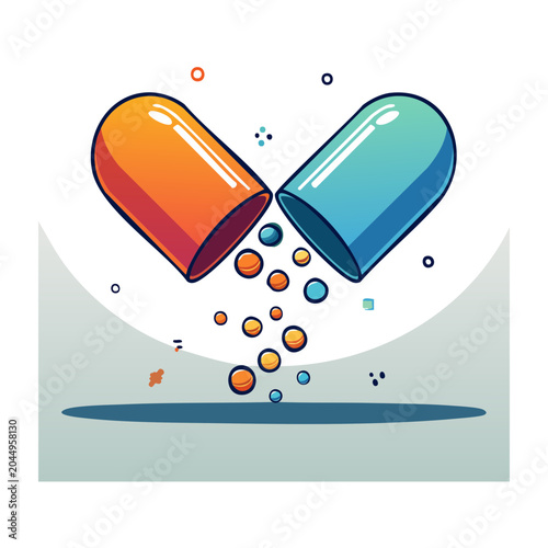 Open capsule with pills spilling out, flat design illustration