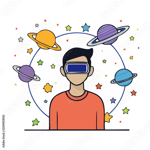 Person in VR headset exploring planets and stars