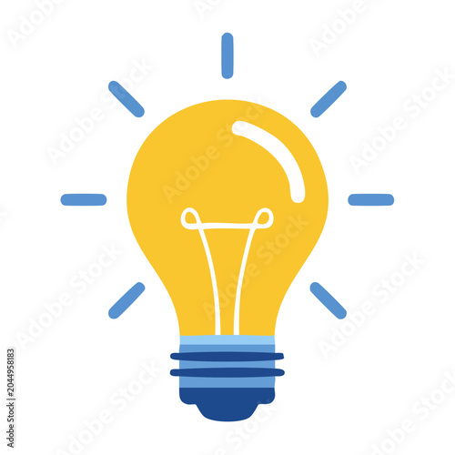 Yellow light bulb with blue accents on white background