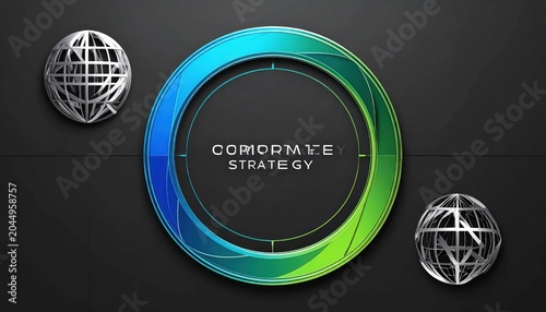 Circular corporate strategy interface with green and blue gradients.