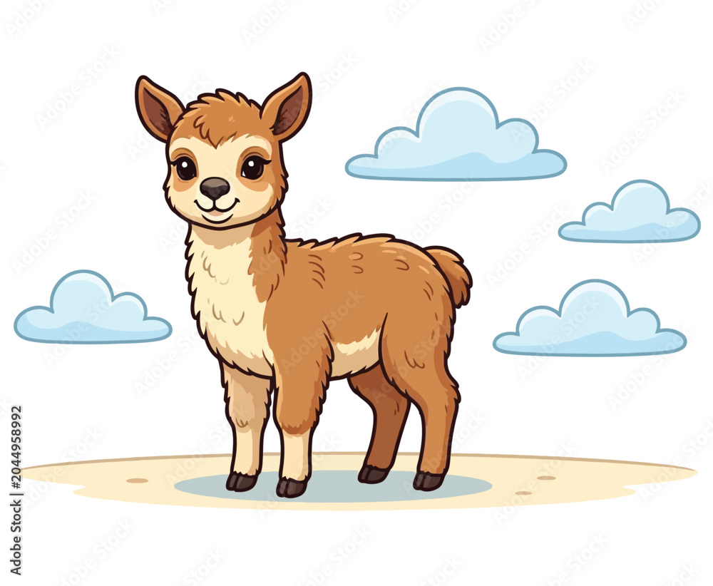Fototapeta premium Baby llama standing in a meadow with clouds illustration, cute farm animal.