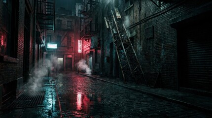 Narrow dark urban alleyway at night with glowing neon signs wet cobblestone ground and rising steam