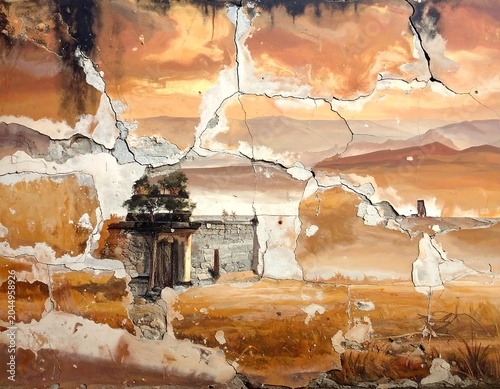 A distressed painting of an ancient temple in a desert landscape with a cloudy orange sky