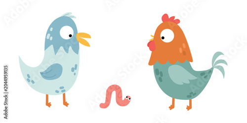 Photography Cute chicken, rooster and worm characters