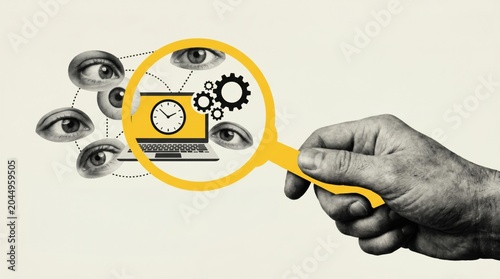 Collage hand holds a magnifying glass revealing a laptop with clock and gears, surrounded by multiple watchful eyes symbolizing surveillance and monitoring.