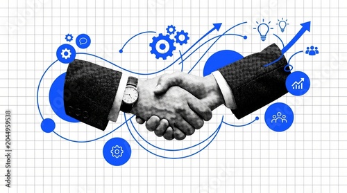 Collage two hands in business suits shaking hands, surrounded by blue icons representing teamwork, growth, and innovation on a grid background.