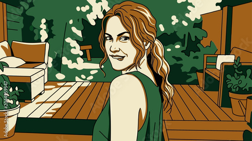 Bild auf Leinwand Young woman smiling flirtatiously while sitting at wooden table in cozy cafe wit