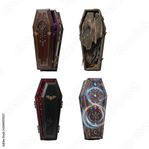 Four Coffin Styles, Ornate Victorian, Rustic Wooden, Gothic Bat, and Celestial Designs