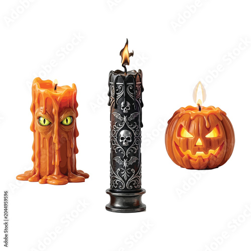Halloween carved pumpkin and spooky candles on dark background with eerie glow