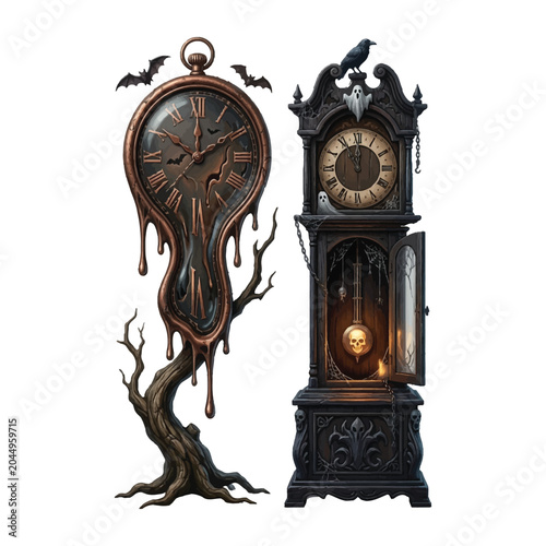 Mysterious Gothic Clock Tower with Melting Timepieces in Dark Fantasy Setting