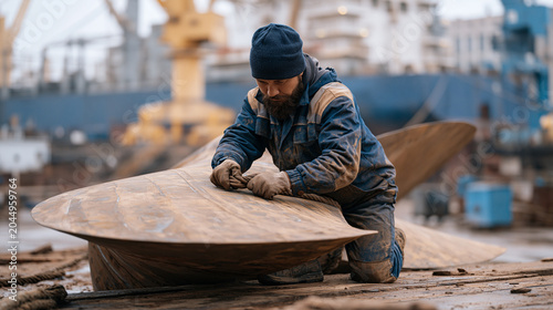 Shipyard rigger attaching lifting sling to ship propeller blade for installation onto shaft in dry dock, heavy lift operation, marine engineering precision work, propulsion system