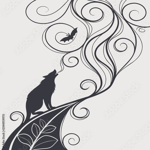 Billede på lærred Black silhouette illustration of a wolf howling at the moon with swirling floral