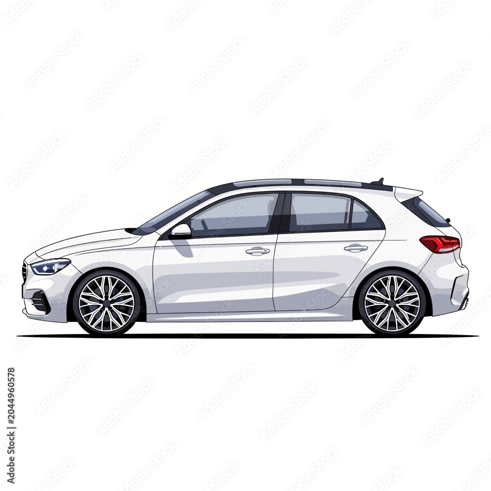 Fototapeta premium White hatchback car, side view, modern design, isolated on white background
