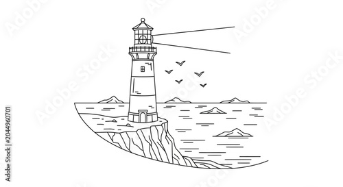 Fotografi Lighthouse on cliff overlooking ocean, guiding light, vector illustration